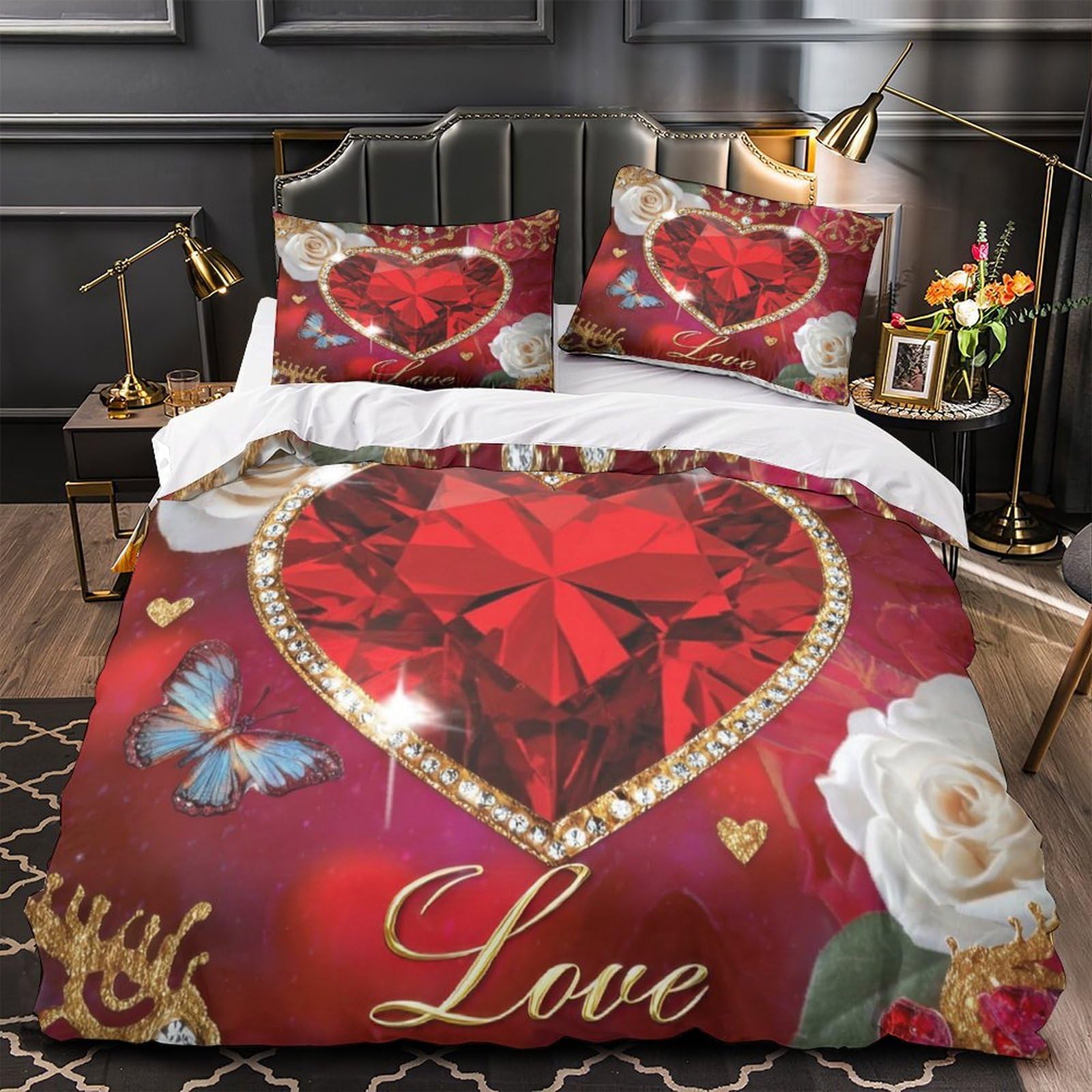 Housse de couette microfibre 3D cœur Super King 260x220cm pour lit adulte avec 2 taies d'oreiller