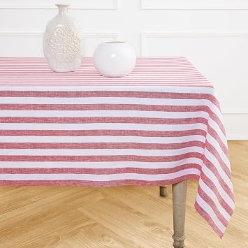 Solino Home Linen Tablecloth 60 x 144 Inch - Sorrento Stripe 100% Pure Linen Red and White Table Cloth for Rectangle Tables - Machine Washable Tablecloth for 4th of July