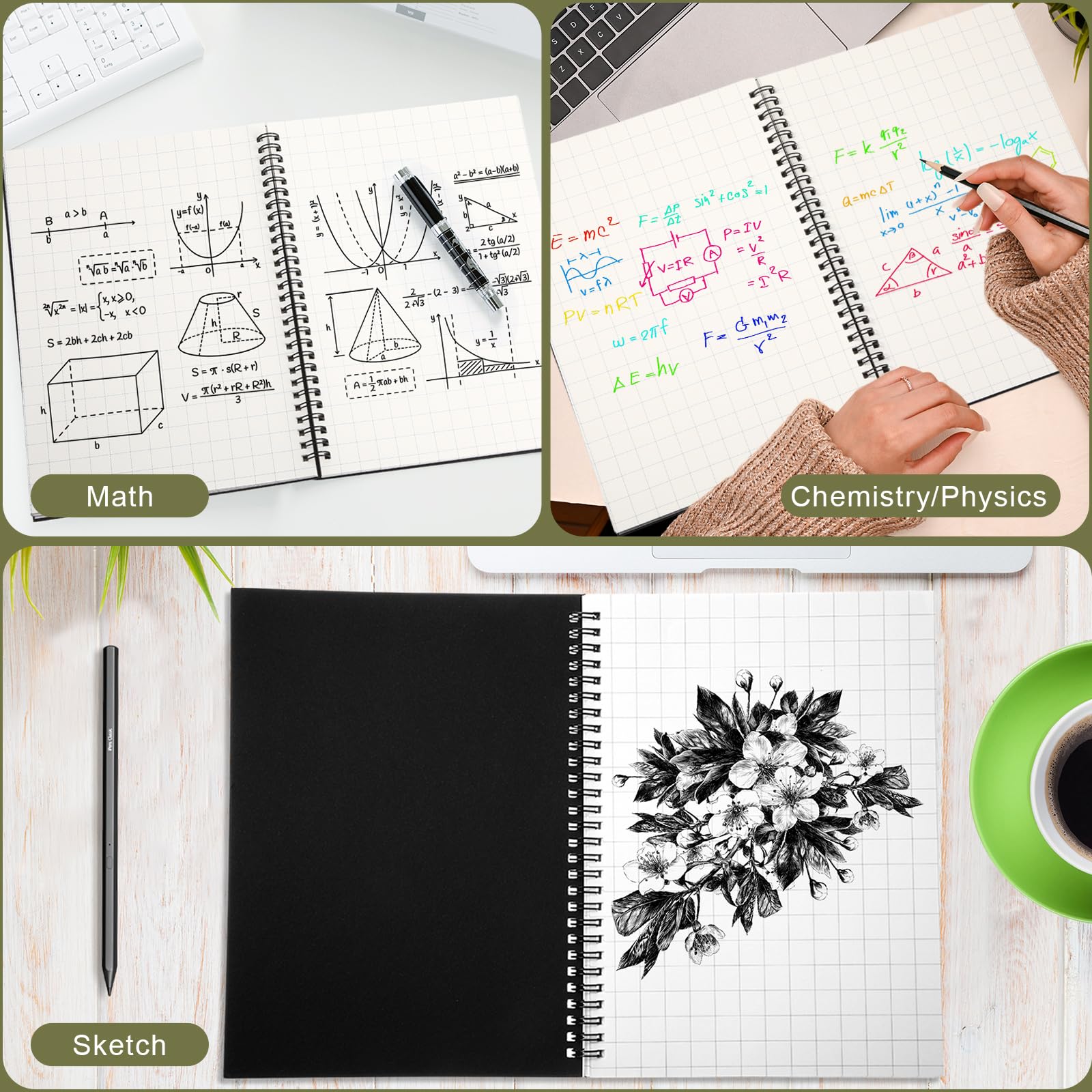 Resurhang Confezione da 6 quaderni a spirale B5 con copertina rigida, 18,5 x 25,4 cm, carta a quadretti quadretti, 160 pagine, per matematica, ingegneria, grafico, scuola (2 x 2 griglie)
