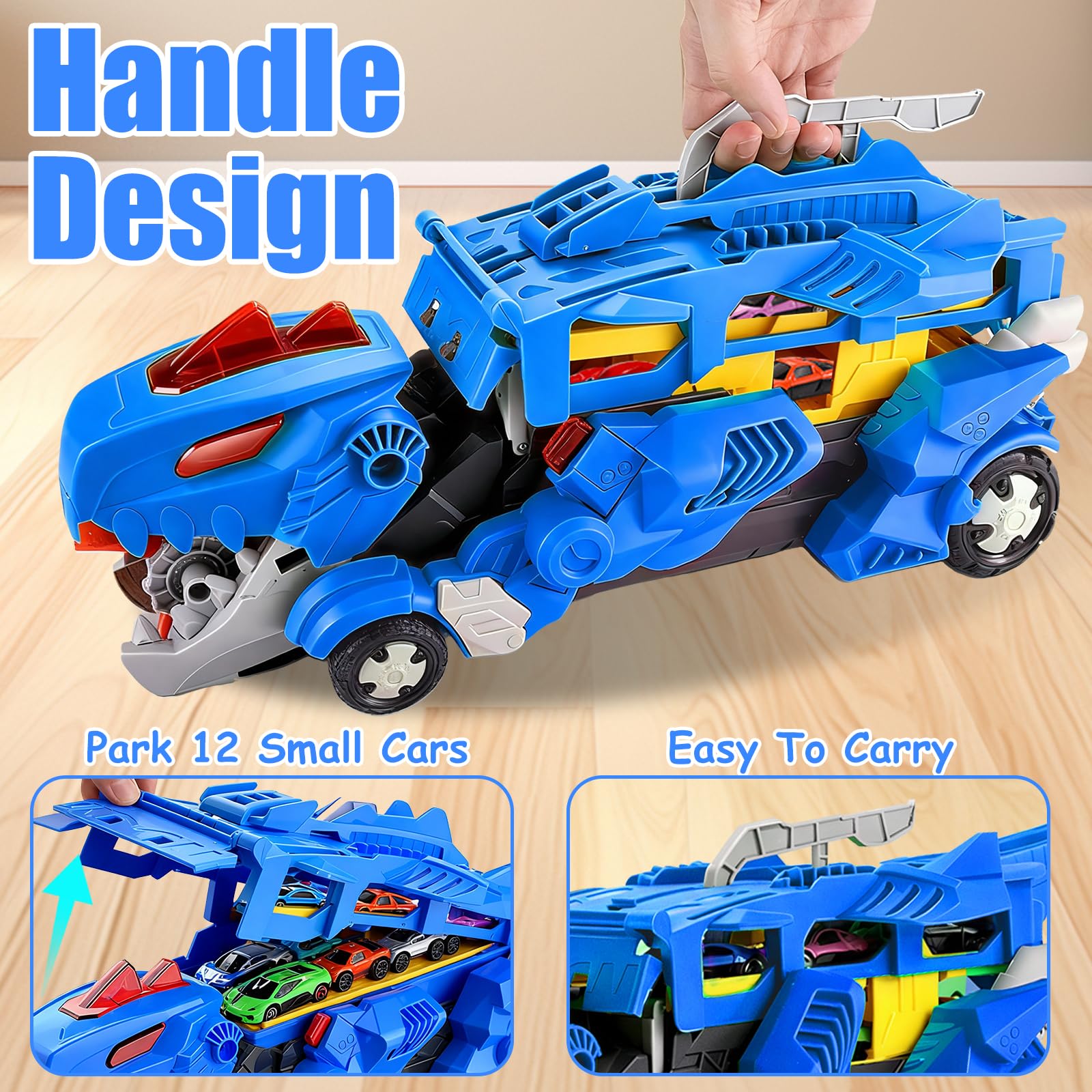 Camión de Transporte de Dinosaurios Coches de Juguete para niños con 12 Mini Coches, 3 en 1 Plegable portátil Pista de Carreras Coche de Juguete, para niños de 3, 4, 5, 6, 7, 8 Años