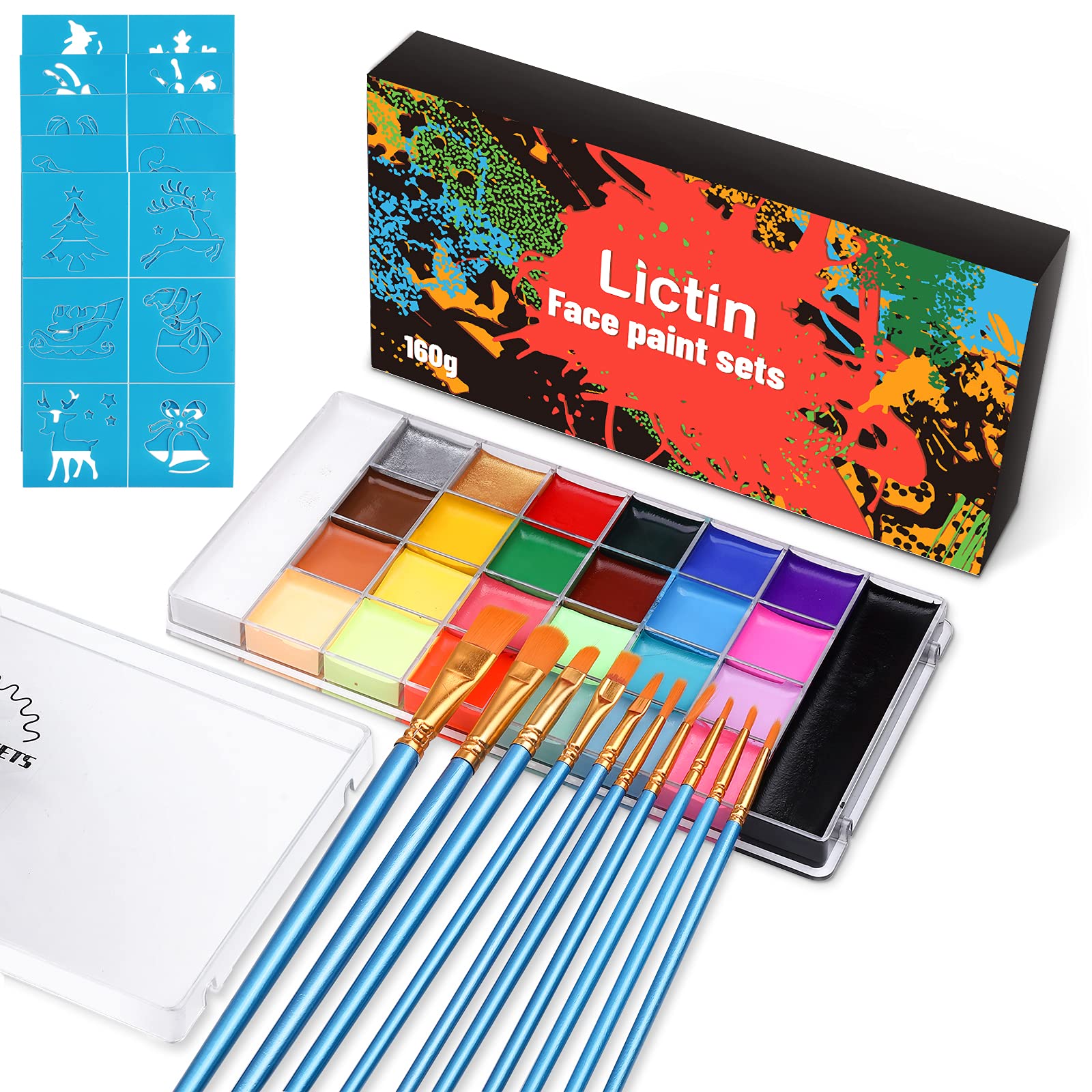 LictinWater Based Face Paint - Face Painting Kit with Stencils and Brushes (26 colors)