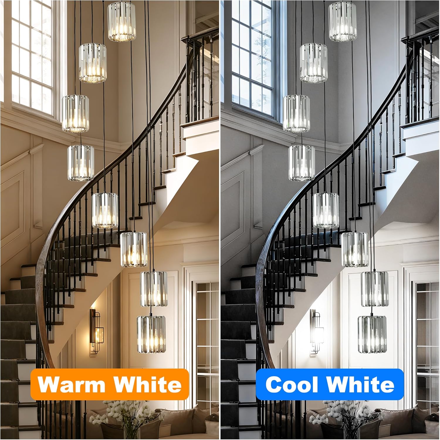 OKELI Modern Long Crystal Chandeliers for High Ceilings, 8-Light Long Black Crystal Pendant Light, Large Round Chandelier High Ceiling Mount for Entryway, Staircase, Foyer