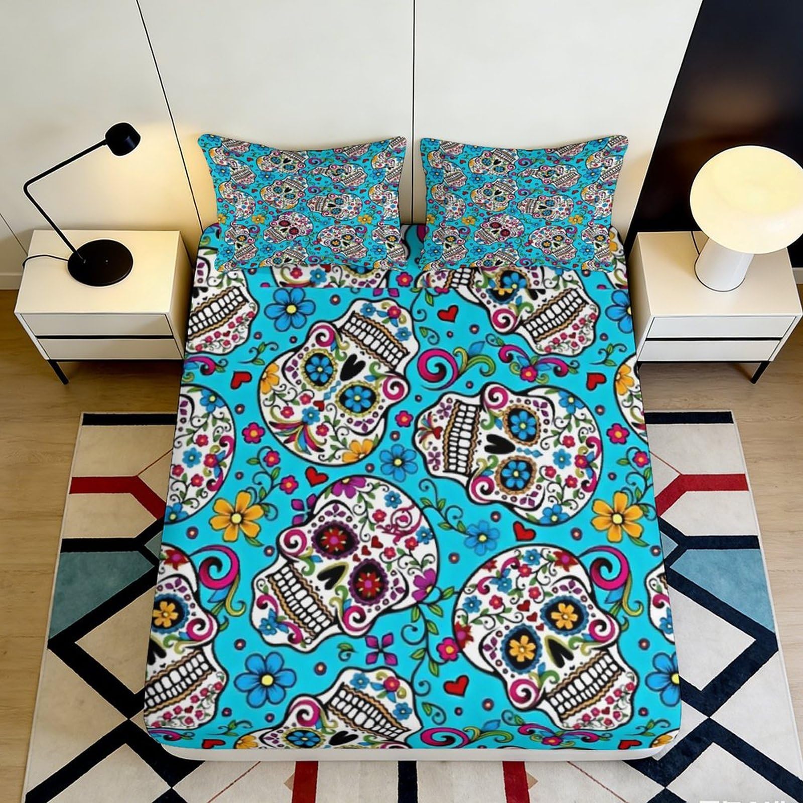 3D Printed Sugar Skull Fitted Sheet Microfiber Bright Floral Blue Bed Cover for Bedroom Guest Room Dorm Mattress Protection Decor 120x200x25cm