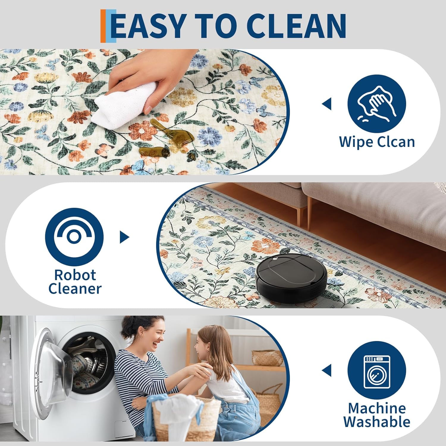 GarveeHome Large Washable Area Rug 10 x 13 for Living Room, Non-Slip Soft Vintage Rug, Low Pile Farmhouse Floral Carpet, Non-Shedding Foldable Printed Rugs for Bedroom, Green