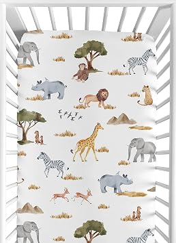 Sweet Jojo Designs Fitted Baby Crib Sheets Jungle Safari Animals for Boys or Girls, Infant Nursery, Toddler Room - Standard Size Boho, Neutral, Wildlife, Animal, Elephant, Zebra, Lion, Mountains