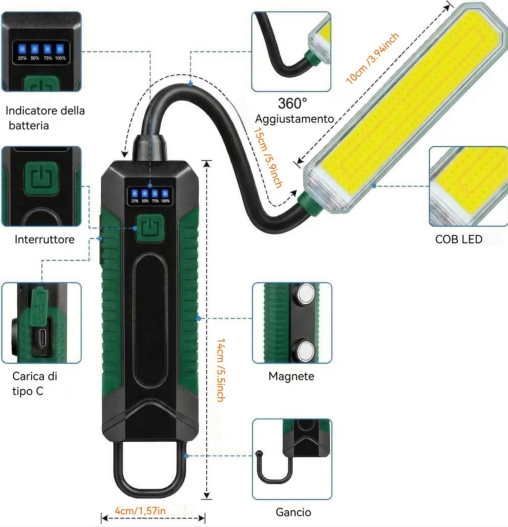 LETOUR Lampada di ispezione con tubo flessibile, magnete girevole a 360°, gancio, 5 modalità e 4 indicatori di carica LED, lampada da officina, regalo per uomini