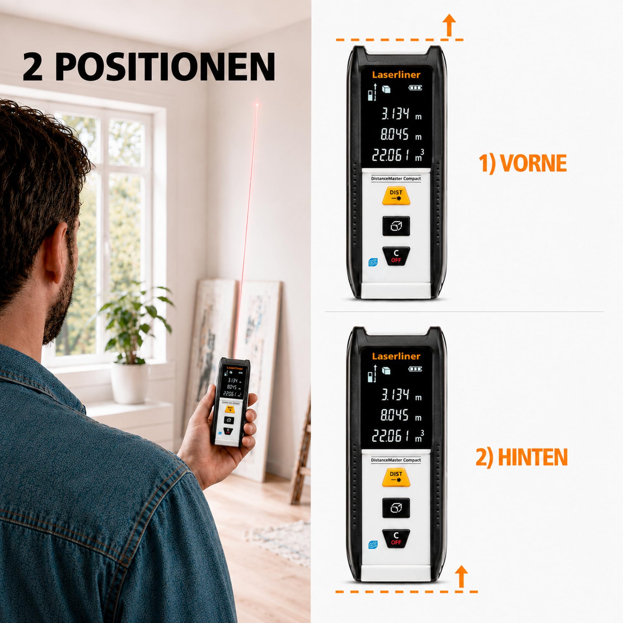 Laserliner Télémètre Laser DistanceMaster Compact Plus 50 | Portée de 50 m, Mesure Numérique, Mesure Longueur/Surface/Volume, Appareil de Mesure