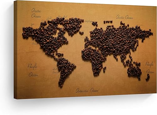 Smile Art Design World Map of Tasty Coffee Beans Vintage Kitchen Canvas Wall Art Print Restaurant Cafe Coffee Shop Dining Room Farmhouse Decor