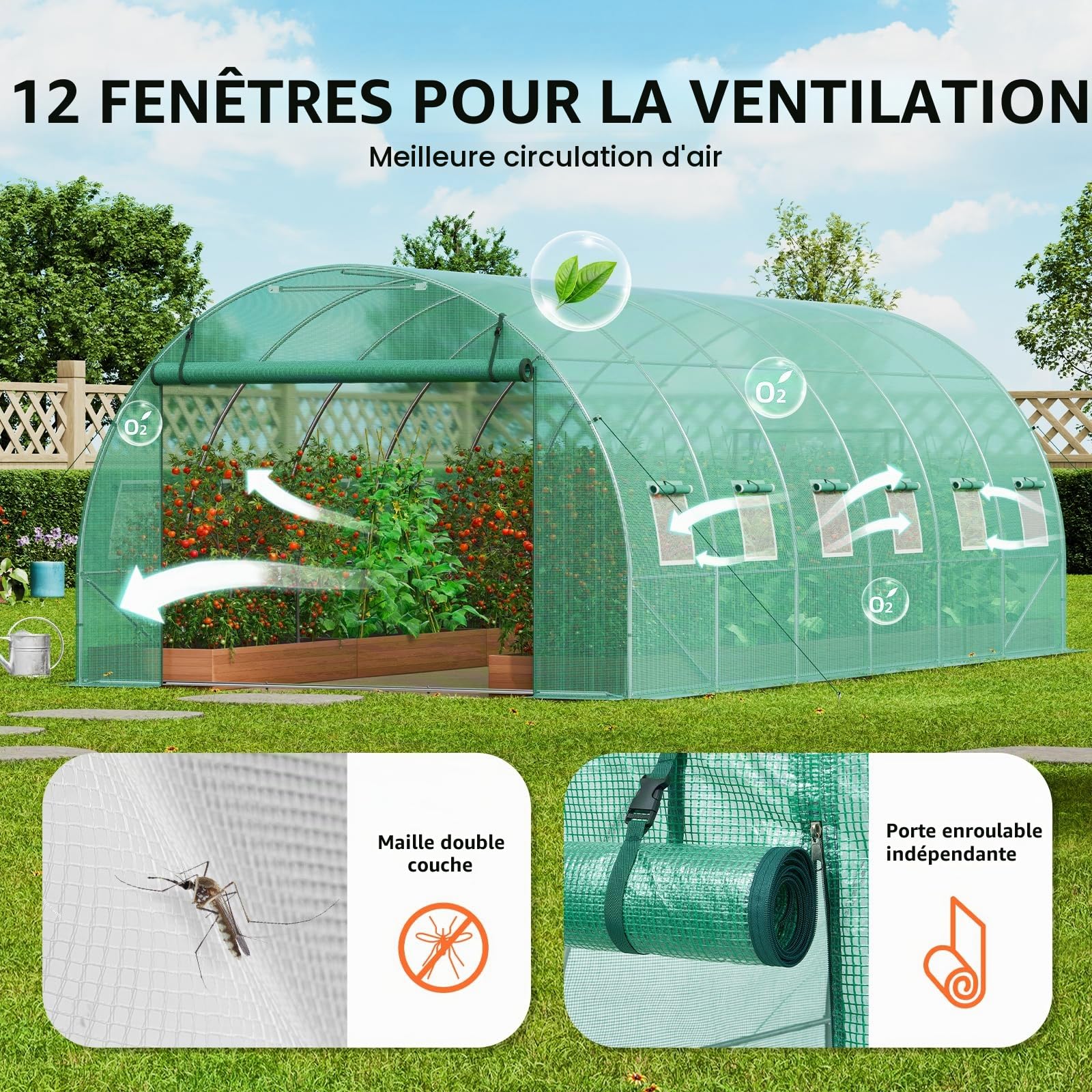 VEVOR Serre Tunnel Jardin, 590x295x198 cm, Tente Abri Plantes avec Cadre en Acier Galvanisé, Couverture en PE Verte, Porte à Glissière Enroulable, 12 Fenêtres, pour Extérieur Cultiver Légumes Fleurs