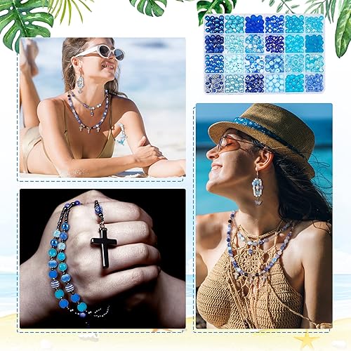 Miniatura 6 de PH PandaHall 1248 cuentas azules de 0.315 pulgadas (0.315 in), 48 cuentas de cristal de mar azul, cuentas redondas sueltas para el verano, Hawaii,