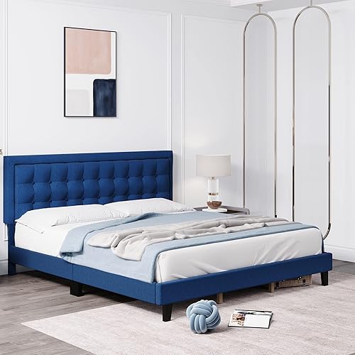 Miniatura 4 de Senfot Base de cama de plataforma tamaño King con cabecera tapizada con botones base de metal con listones de madera no necesita somier para