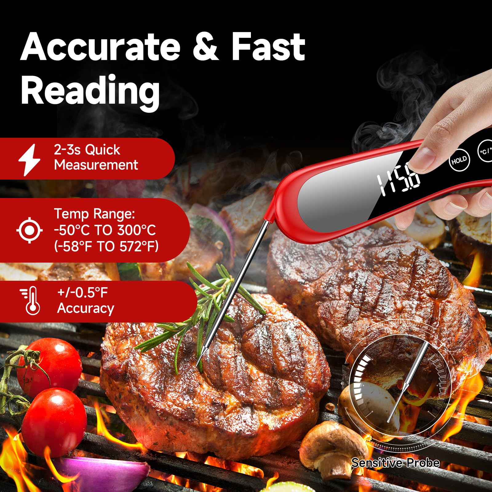 Upgraded Waterproof Instant Read Food Thermometer for Meat,Long Probe Digital Meat Thermometers for Cooking Heating-Resisting,Timeable,Grilling,LCD Sensing Thermometer for BBQ Smoker Fry Candy