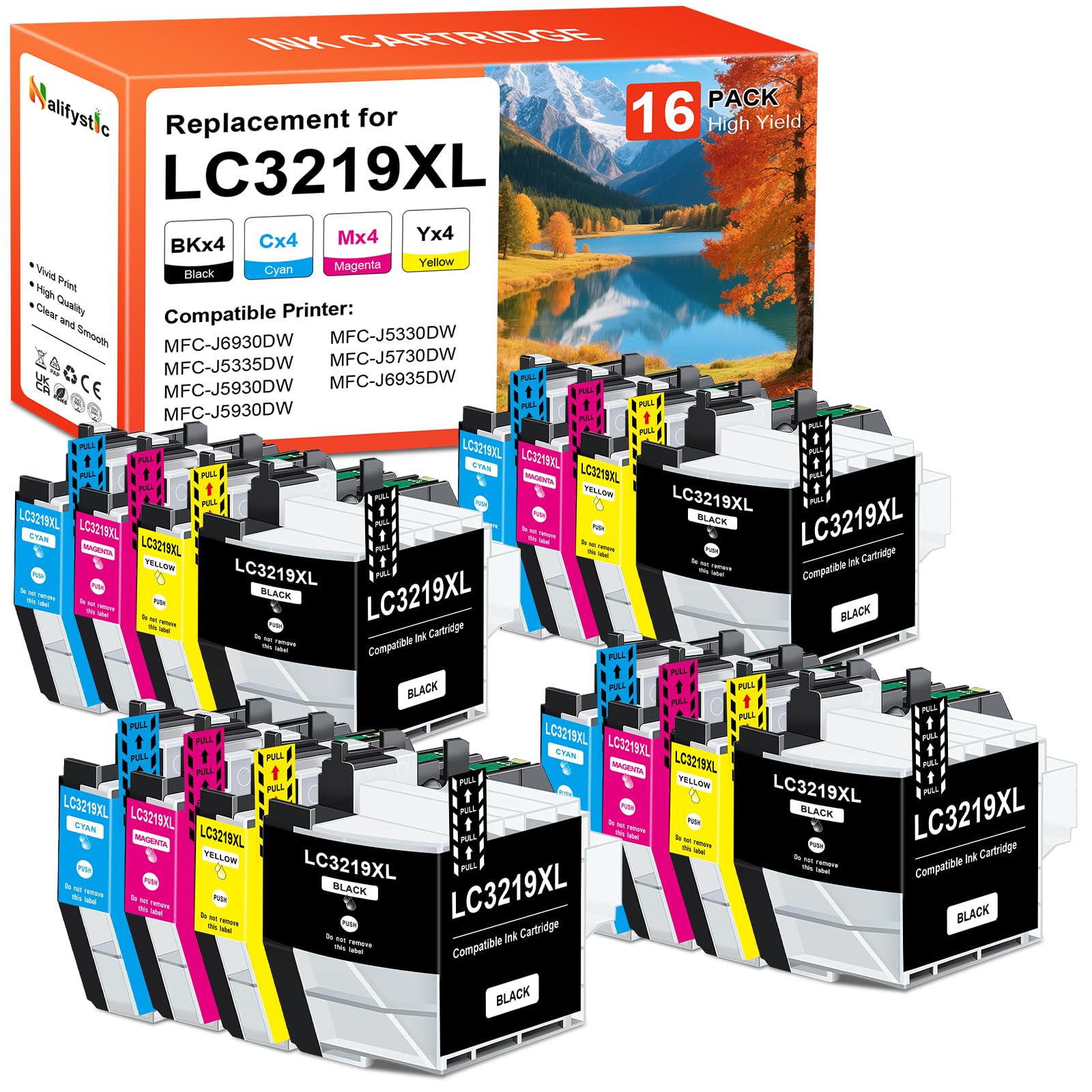 LC3219XL LC3219 LC3219 XL Cartuchones Compatibles para Bro LC-3219XL LC3219 XL LC3217 LC-3219 para MFC-J5330DW MFC-J5730DW MFC-J5335DW MFC-J6930DW MFC-J6530DW(16 Unidades,4 x BK/C/M/Y)