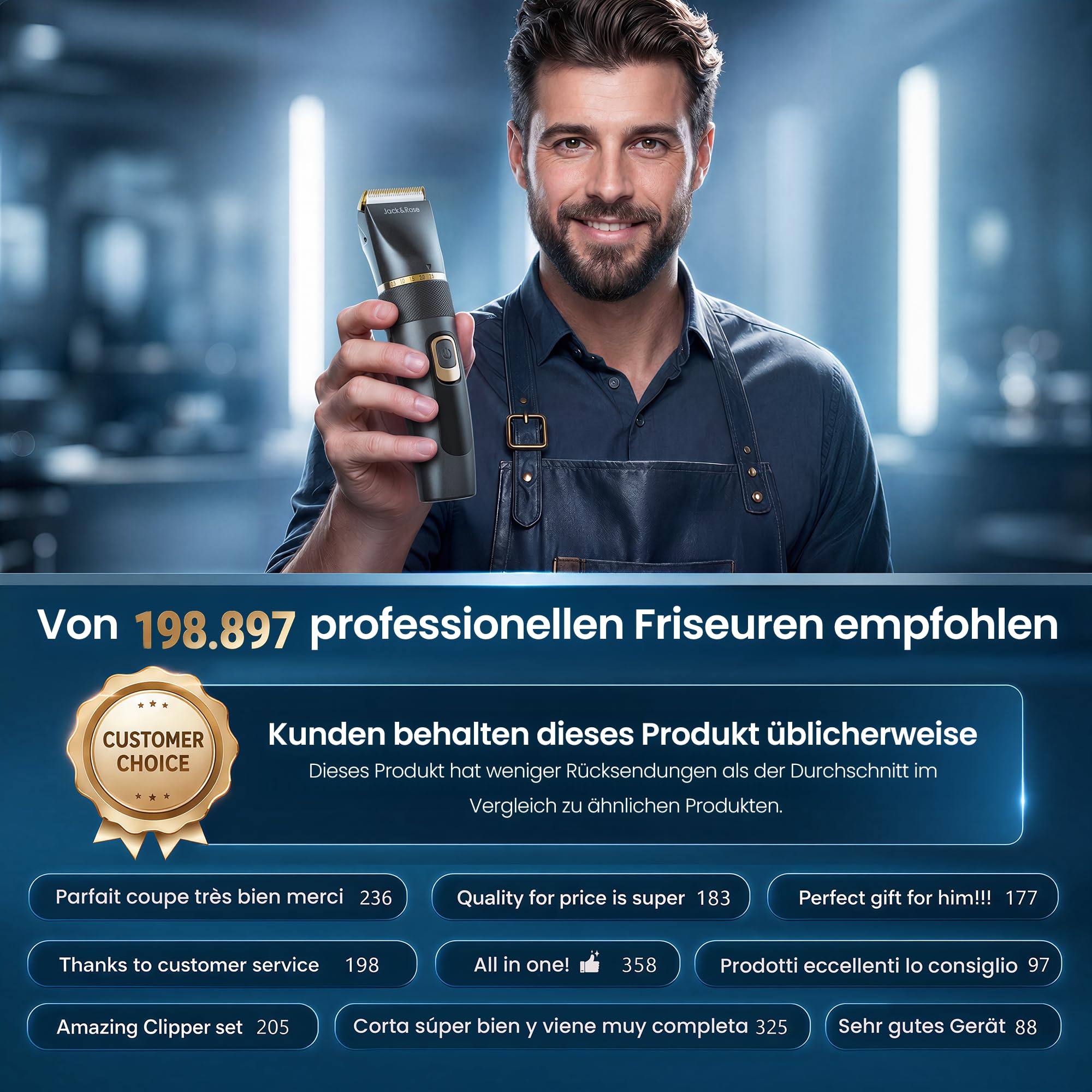 Jack&Rose 3-in-1 Haarschneidemaschine Profi Haarschneider Barttrimmer Kabellos Keramikklinge IPX6 Wasserdicht Wiederaufladbar USB-C