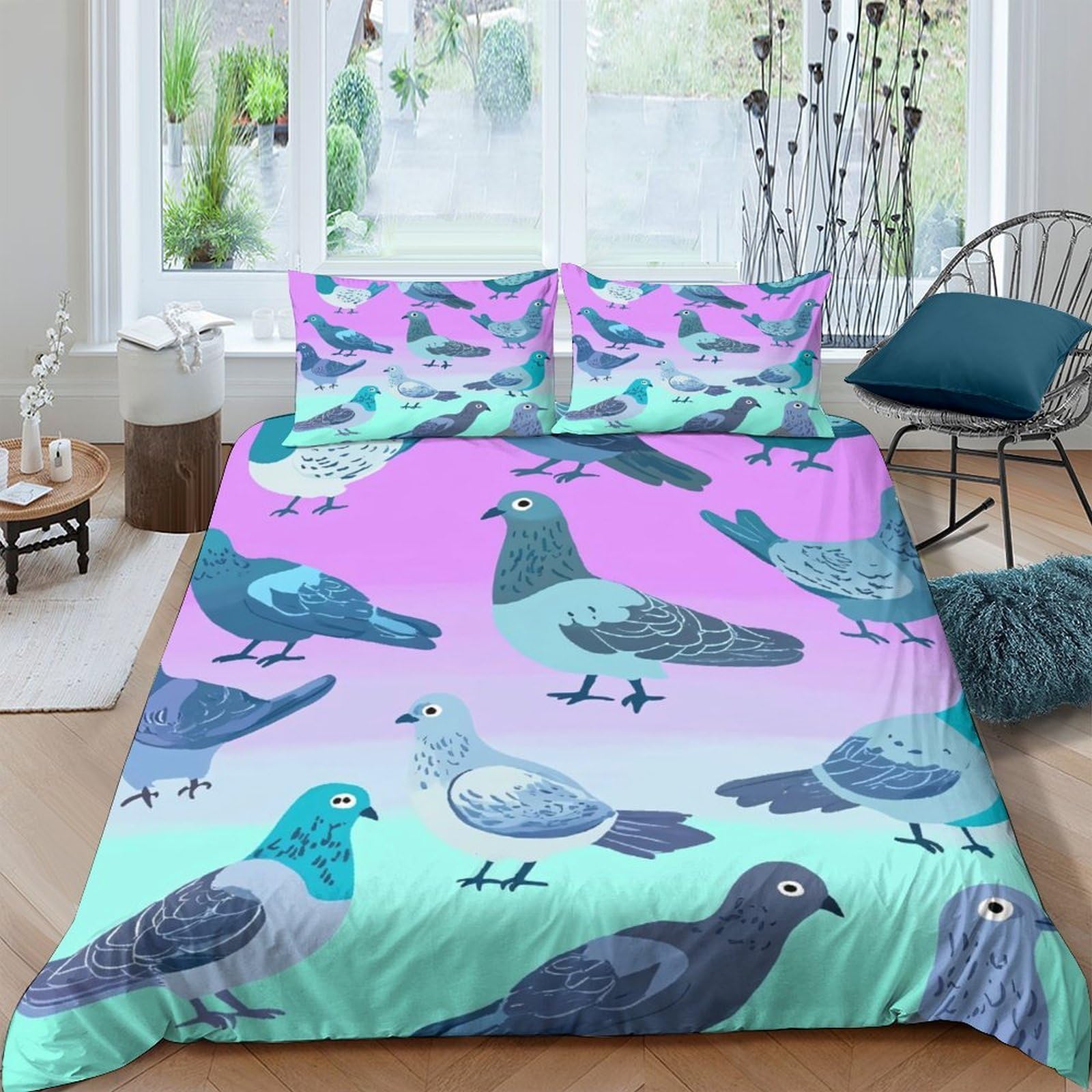 Ctjqhvkz Style-5 3D Printed Colorful Pigeon Fitted Sheet Microfiber Soft Gradient Bird Mattress Cover For Bedroom Dorm Easy Care Single（135X200cm）