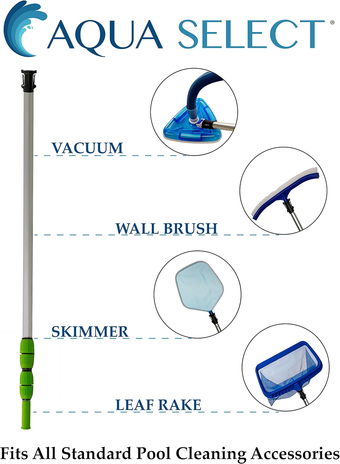Aqua Select 7-21 Foot Telescoping Pool Vacuum Pole | Heavy Duty Aluminum Pole for Leaf Skimmers, Pool Brushes and Vacuum Heads | Expandable Swimming Pool Pole