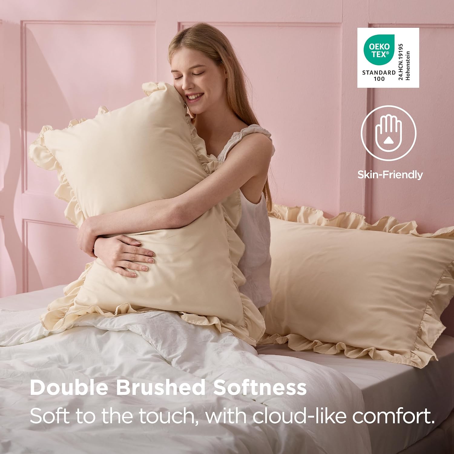 Bedsure Beige Twin XL Mattress Pad Bundle Ruffle Pillow Cases 2 Pack, Pillow Shams Standard Size, Double Brushed Microfiber Ruffled Pillow Covers with Envelope Closure, Beige