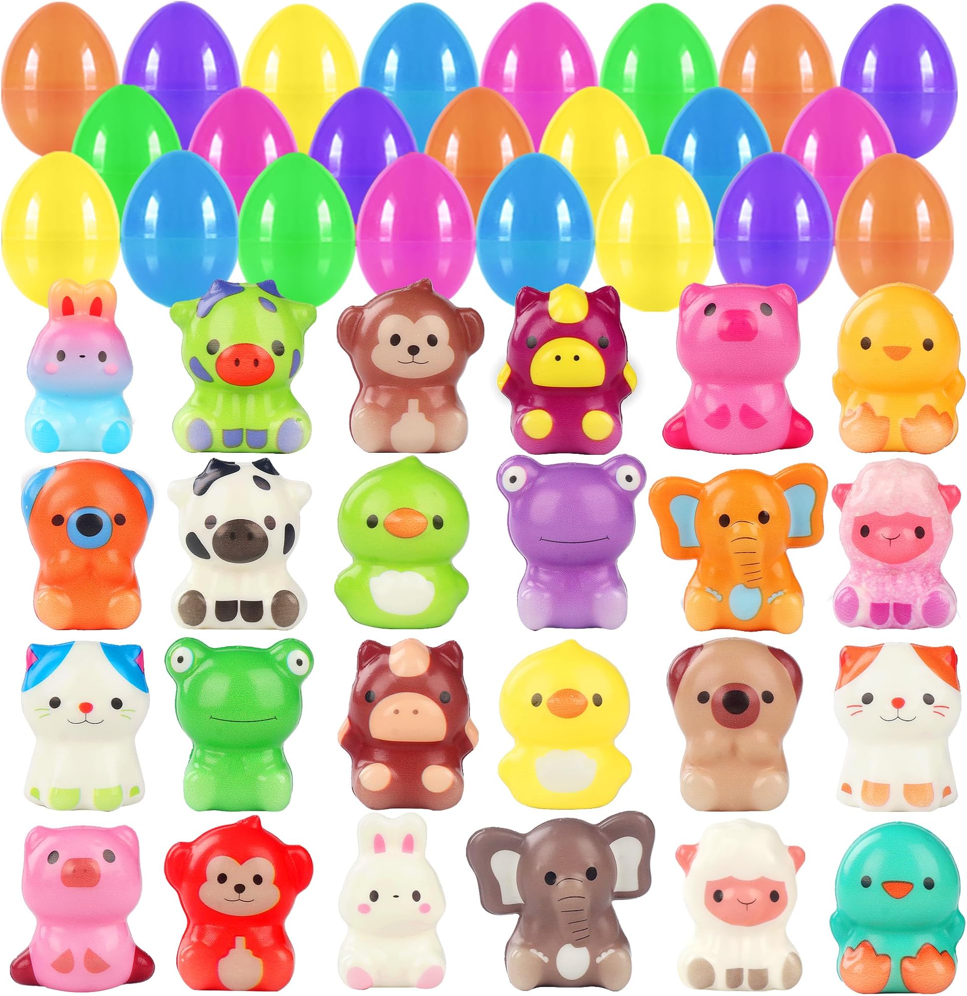 24 Pack Prefilled Easter Eggs with Animal Squishy Toys, Non-Candy Easter Basket Stuffers for Kids Toddlers Boys Girls, Slow Rising Squeeze Toys, Easter Egg Hunt Party