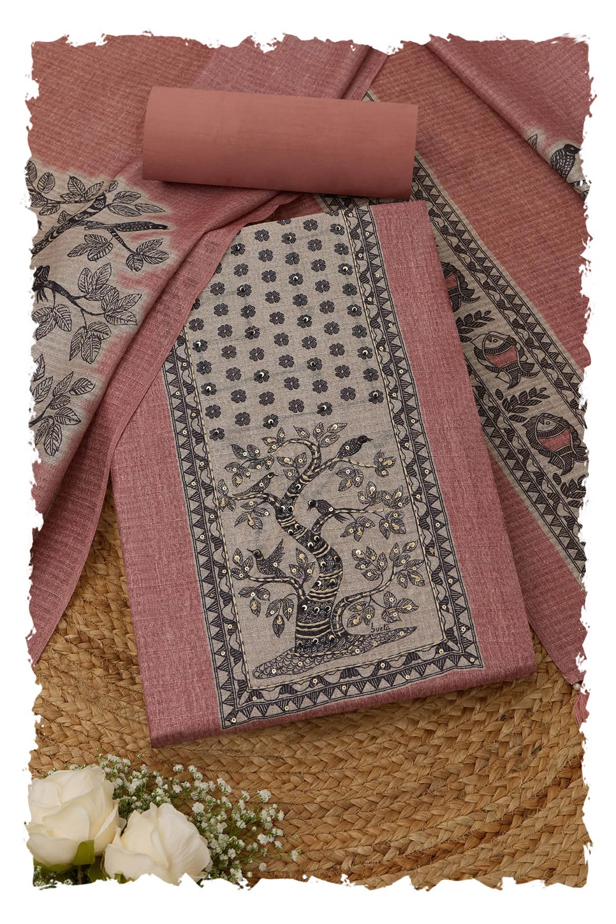 Womens Art Silk Madhubani Dress Material With Sequins-image-31
