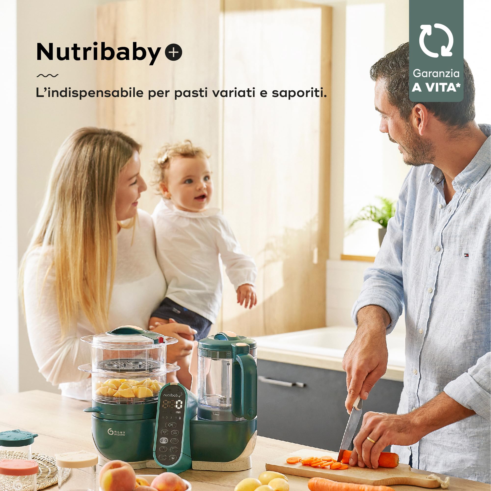 Babymoov Nutribaby+,Cuocipappa Multifunzione 6 in1 Opal Green + Babybols Set Da Sei Vasetti 250 Ml, Cuocivapore, Frullatore, Grande Capacità per i Bambini, Fino a 10 Pasti Preparati Contemporaneamente