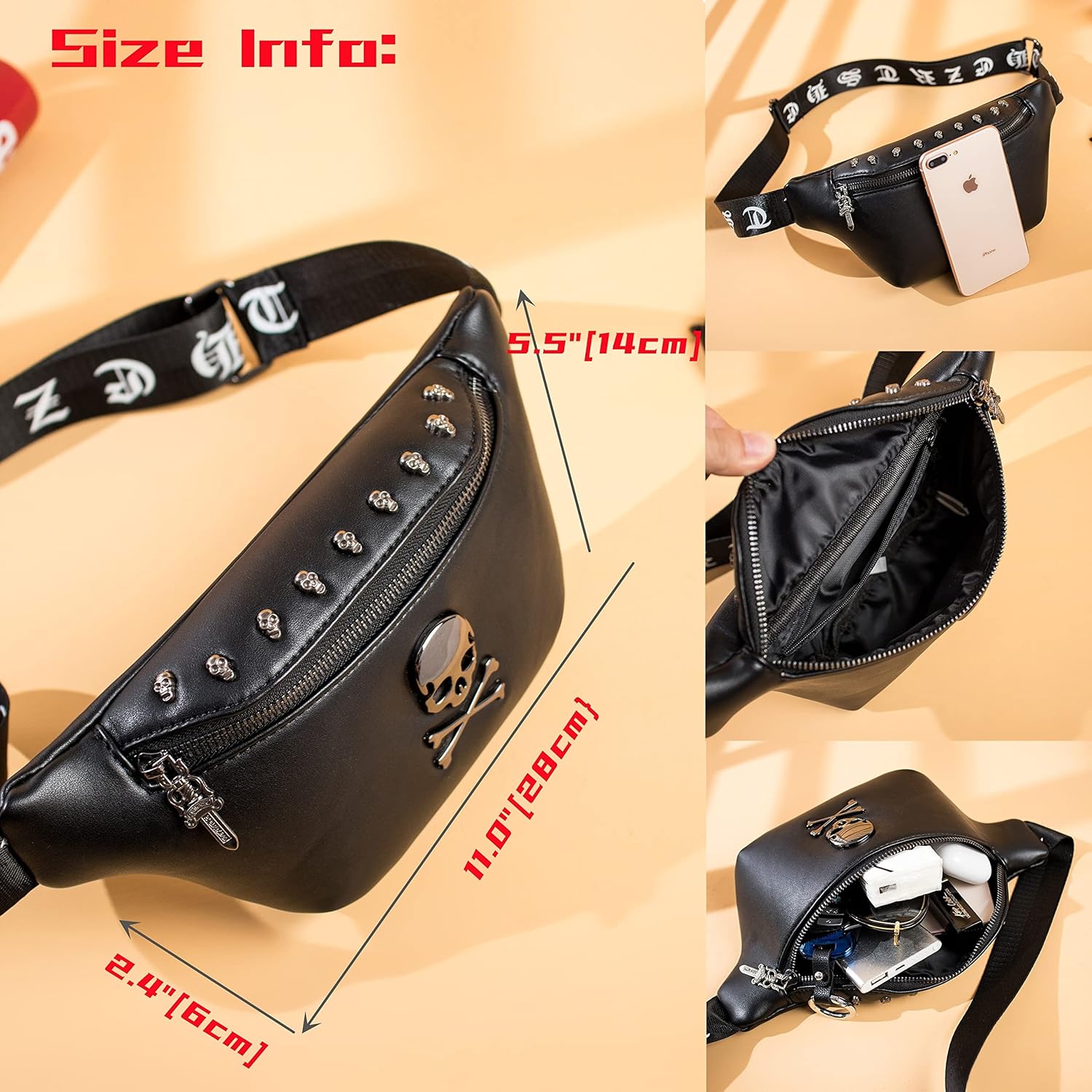 Leather Fanny Packs for Women,Skull Design Leather Waist Bag Black Fanny Pack Men Bum Bags for Women Crossbody Belt Bag Fashion Waist Pack for Holiday Festival Travel Running Hiking (Skull -2) - Image 5