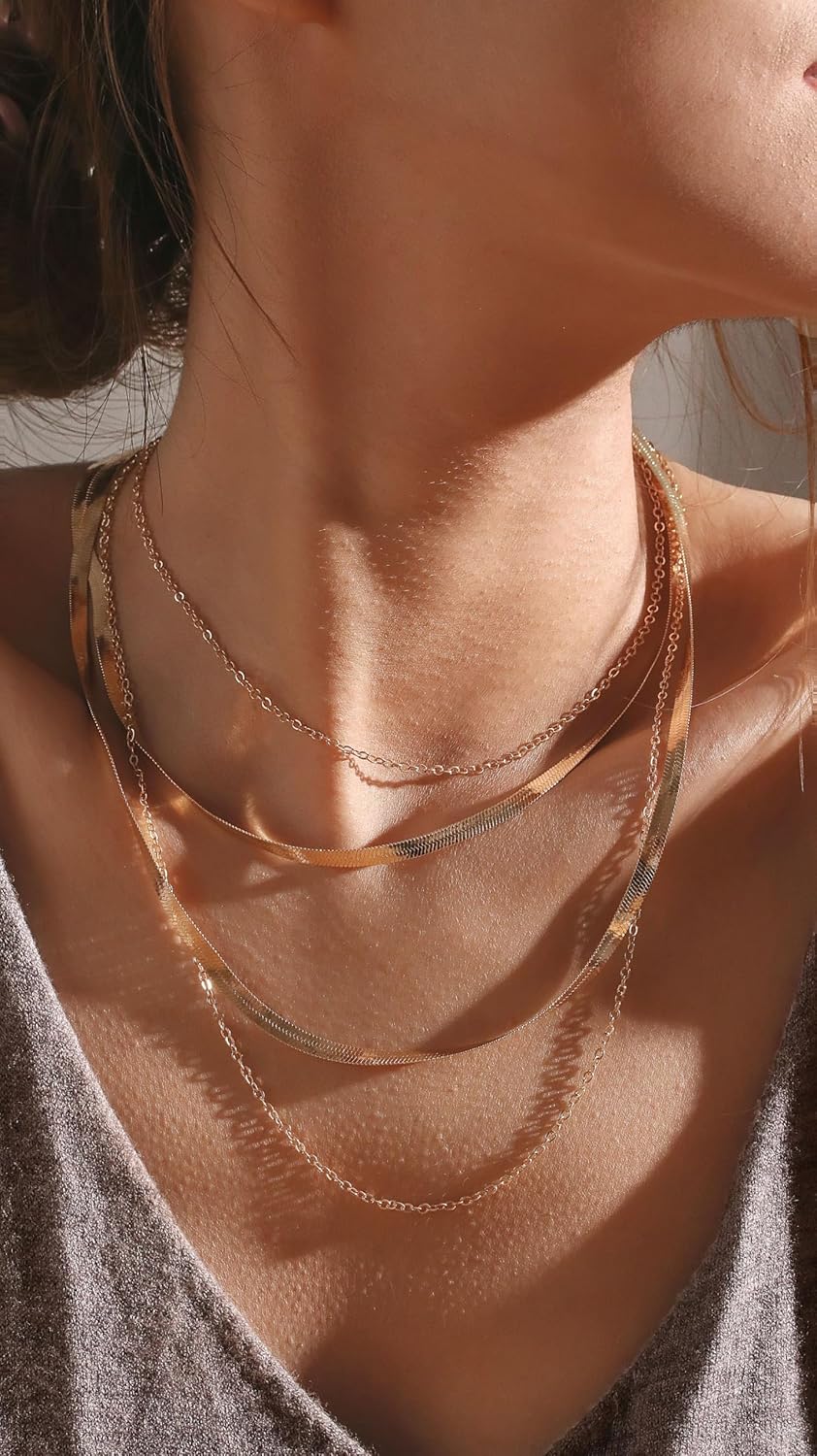 Layered Chain Necklace Set, Gold Tone Snake Chain with Dainty Link Chain, Fashion Multi-Strand Choker,for women - Image 4