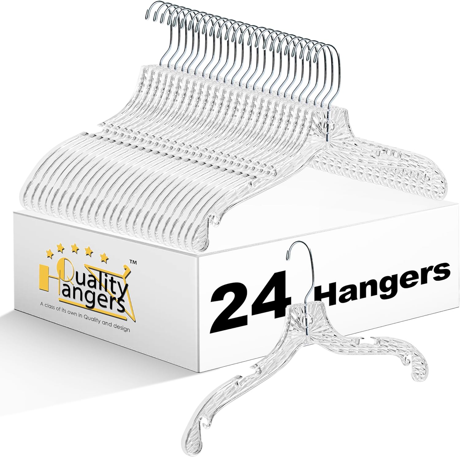Quality Hangers 24 Pack Clear Plastic Hangers with Super Easy 360 Degree Swivel Hook – Shirt Hangers with Precision Notches for Secure Hanging – Slim Crystal Coat Hangers – 17 Inches (24, 17")