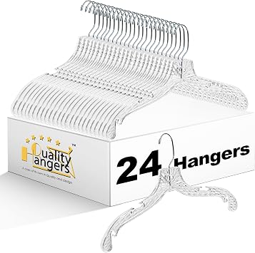 Quality Hangers 24 Pack Clear Plastic Hangers with Super Easy 360 Degree Swivel Hook Shirt Hangers with Precision Notches for Secure Hanging Slim Crystal Coat Hangers 17 Inches 24, 17"