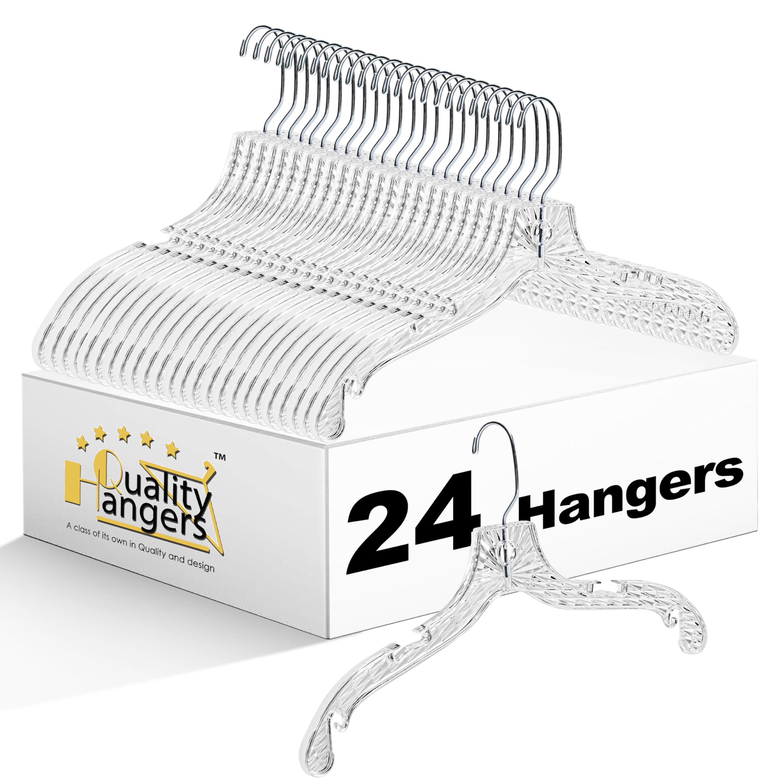 Quality Hangers 24 Pack Clear Plastic Hangers with Super Easy 360 Degree Swivel Hook Shirt Hangers with Precision Notches for Secure Hanging Slim Crystal Coat Hangers 17 Inches (24, 17")