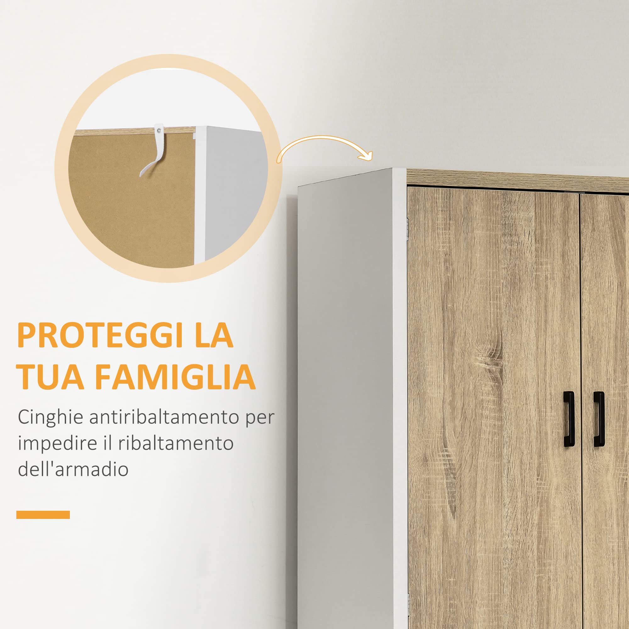 HOMCOM Credenza Cucina con 4 Ripiani Regolabili, Mobile Cucina Dispensa in Legno MDF, 4 Porte e Dispositivo Antiribaltamento, 80x40x182cm, Color Legno e Bianco