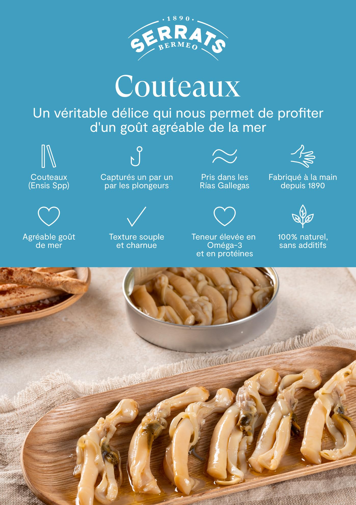 CONSERVAS SERRATS - Couteaux de Mer des Rías de Galice à l'Huile d'Olive Premium - 8 Boîtes x 110g (Total : 880g) - Fabrication Artisanale depuis 1890 - Sans Gluten - Riche en Oméga 3 – Premium