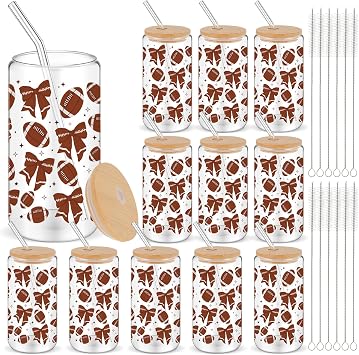 12 Pack 16 oz Football Glass Cups with Lid and Straw Sports Glass Clear Reusable Cups Iced Coffee Drinking Tumbler for Sports Themed Party Favors Team Gifts Birthday Party Supplies