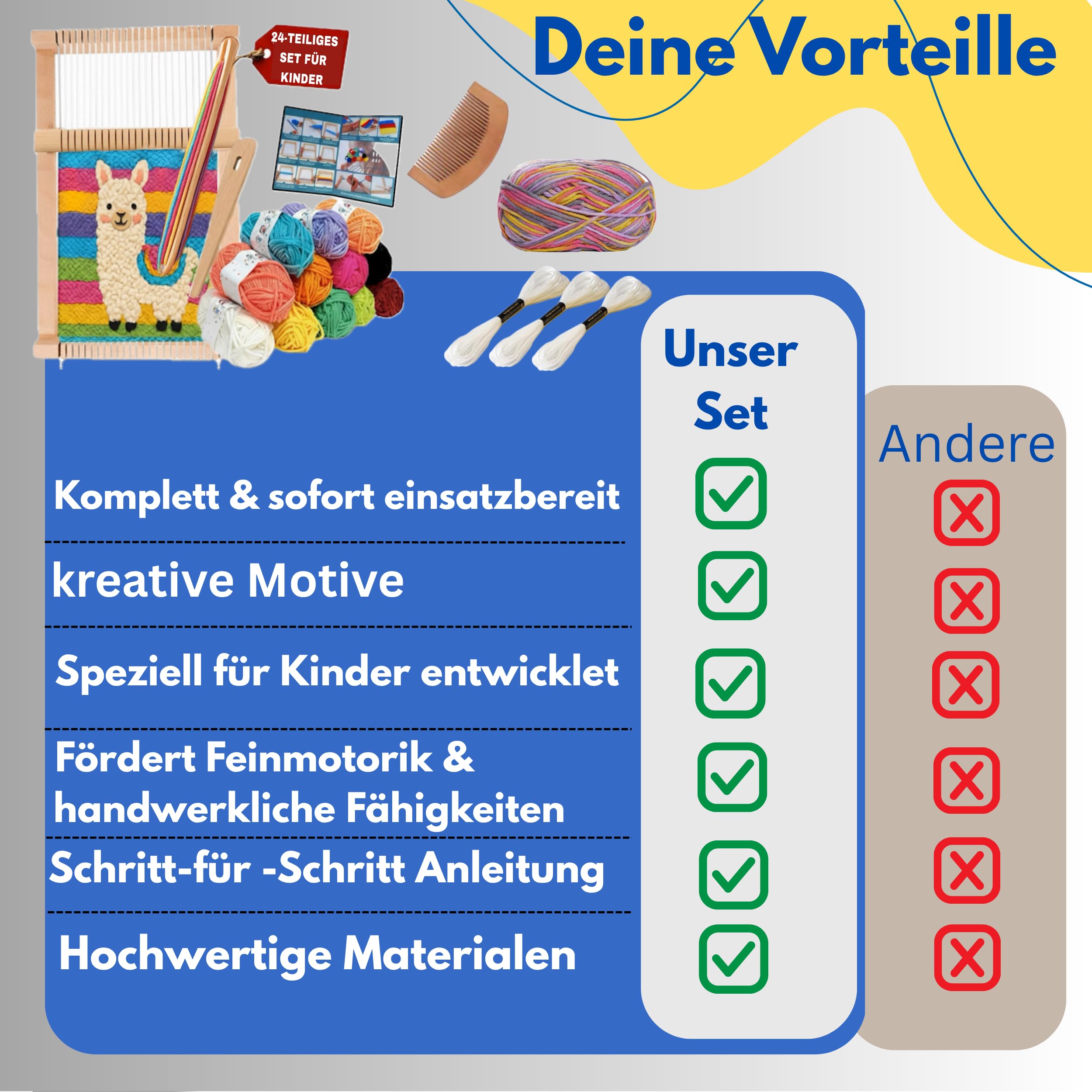 ZENOMORI Premium Webrahmen für Kinder ab 4 Jahre zum Weben und Stricken -DIY Holz Webstuhl Kreatives-Bastelset 29x19cm mit farbiger Wolle Schulwebrahmen für Anfänger und Schüler
