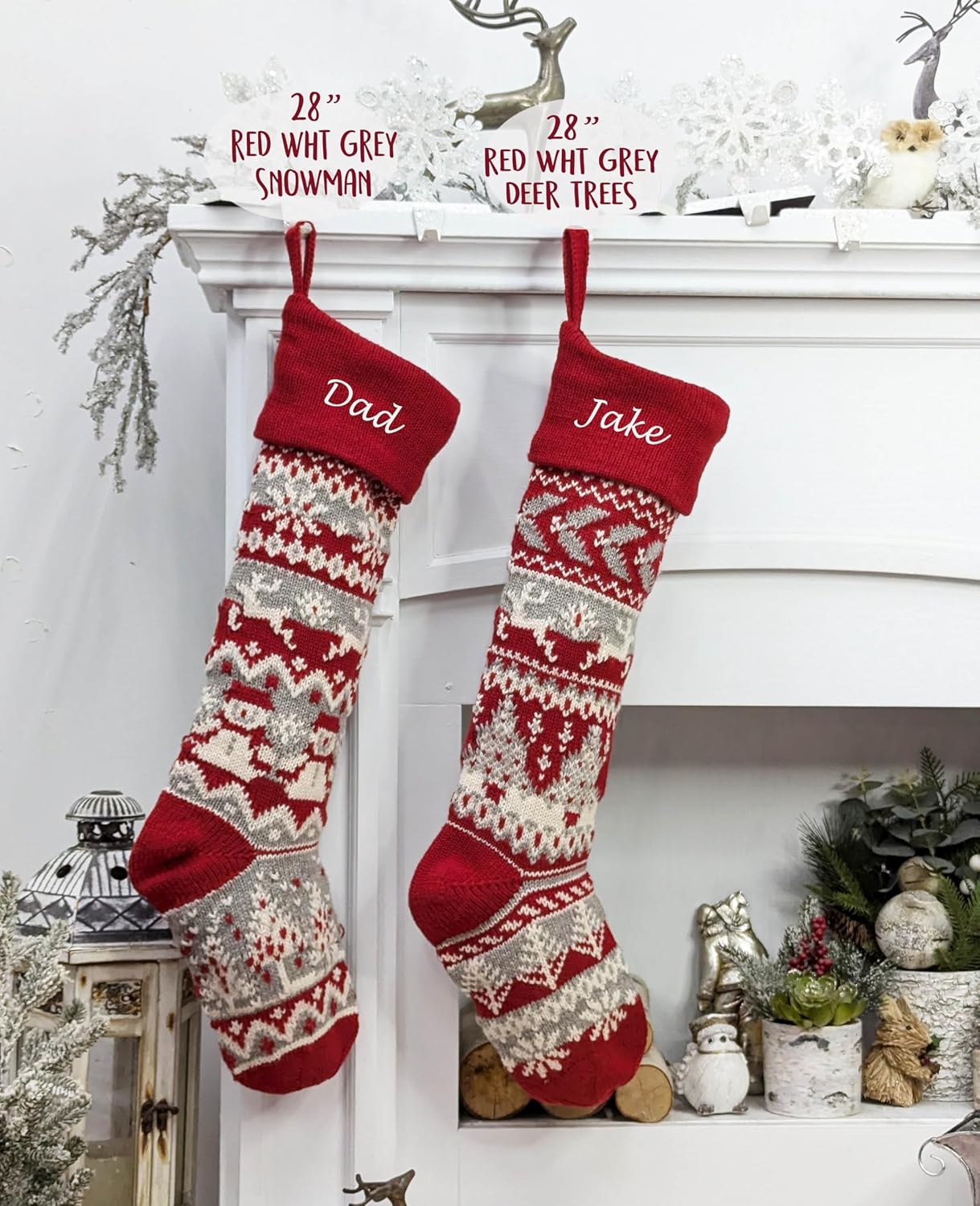 Personalized 28 inch Large Knitted Christmas Stockings – Intarsia Fair Isle Design with Nordic Patterns, Perfect for Family Holiday Decor - Red White and Red White Grey Patterns to Choose from