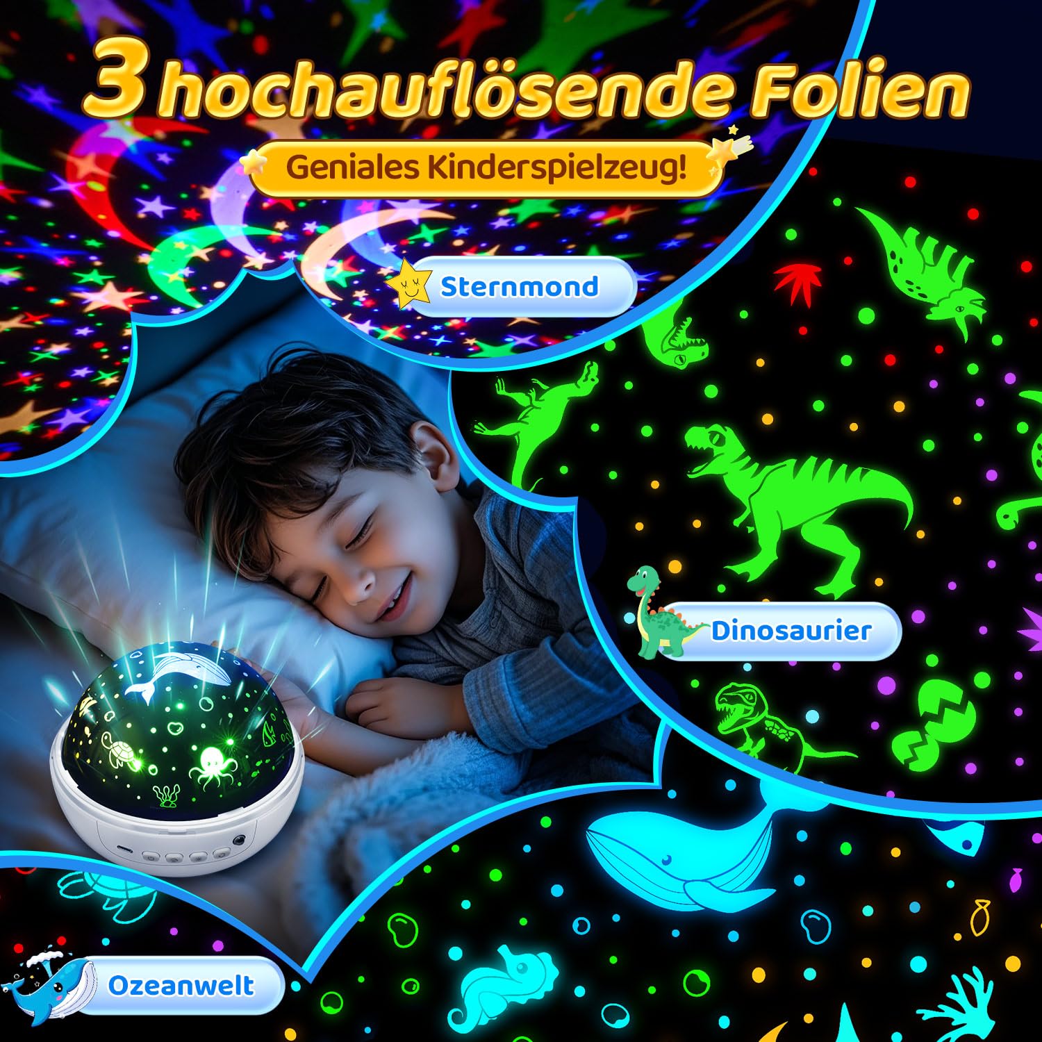 One Fire Proyector de cielo estrellado para niños, 【3 películas+93 efectos+regulable】 Proyector de cielo estrellado, 【Remote+3 Temporizadores+Rotación】 Juguete para niños a partir de 3-7 años, juguete