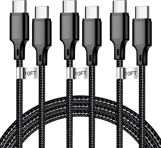 cugunu USB C to USB C Charger Cable, Nylon Braided 3Pack 60W 10FT Type C Fast Charging Cord Compatible for iPhone 15/16/17/Pro/Max/Plus, iPad, Air5, Samsung, Google-Black