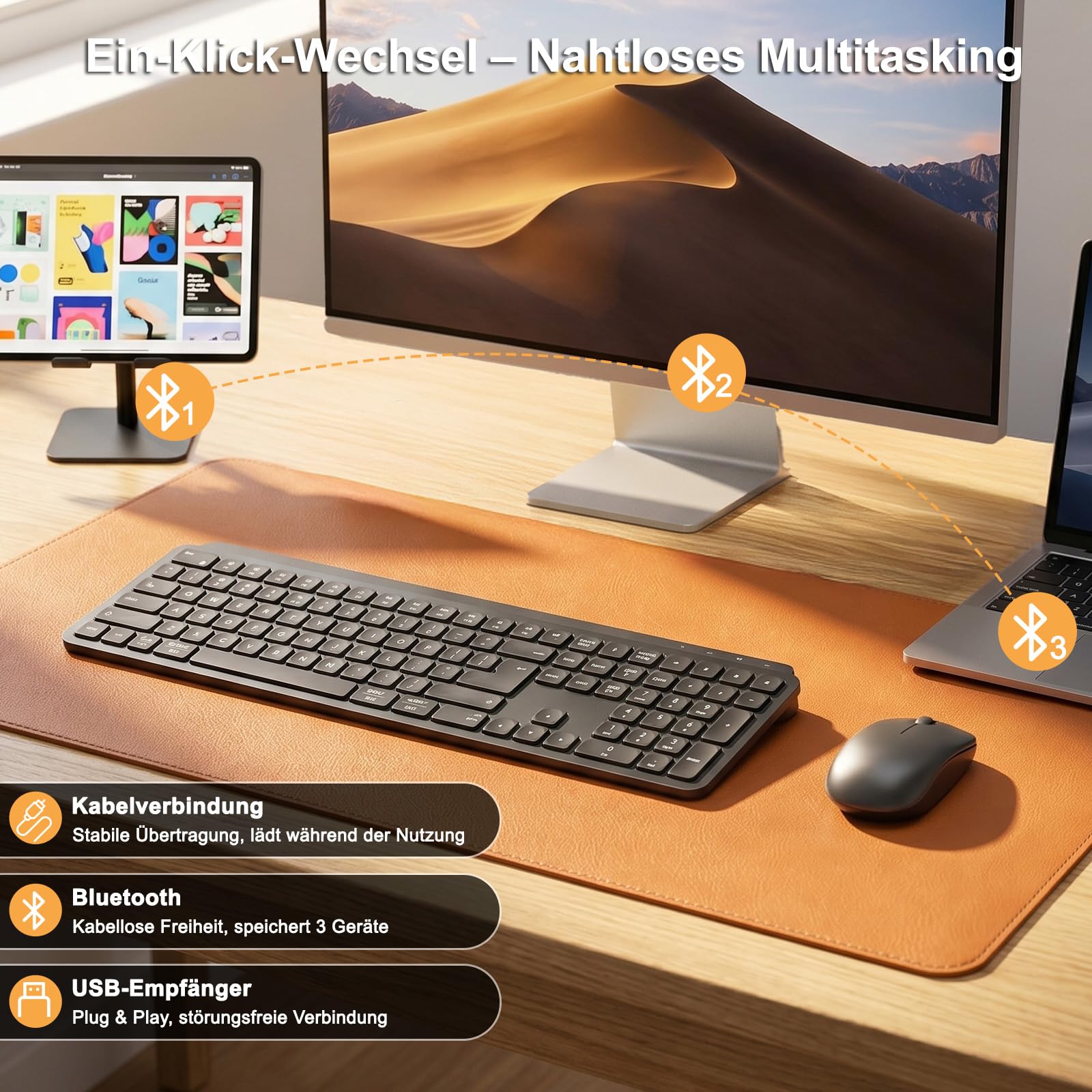 Tastiera wireless Bluetooth con illuminazione bicolore, tastiera multi-device per 4 dispositivi, meccanismo a forbice, USB-C, tastiera da ufficio silenziosa per Windows, Mac, PC, iPad e