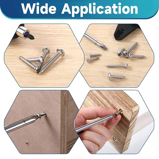 Kit de 550 Tornillos para Madera de Acero Inoxidable 304, Cabeza Pan Phillips, Autorroscantes, Longitud 1/4 a 1-1/2 pulg., Plateados miniatura 7