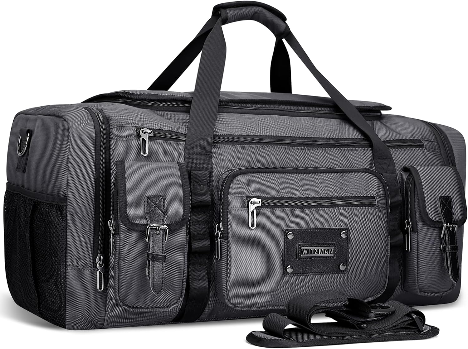 WITZMAN Duffle Bag for Men Large Carry On Weekender Bag 54L Nylon Duffle Gym Bags for Travel with Shoes Compartment(B717 Silvery Grey)