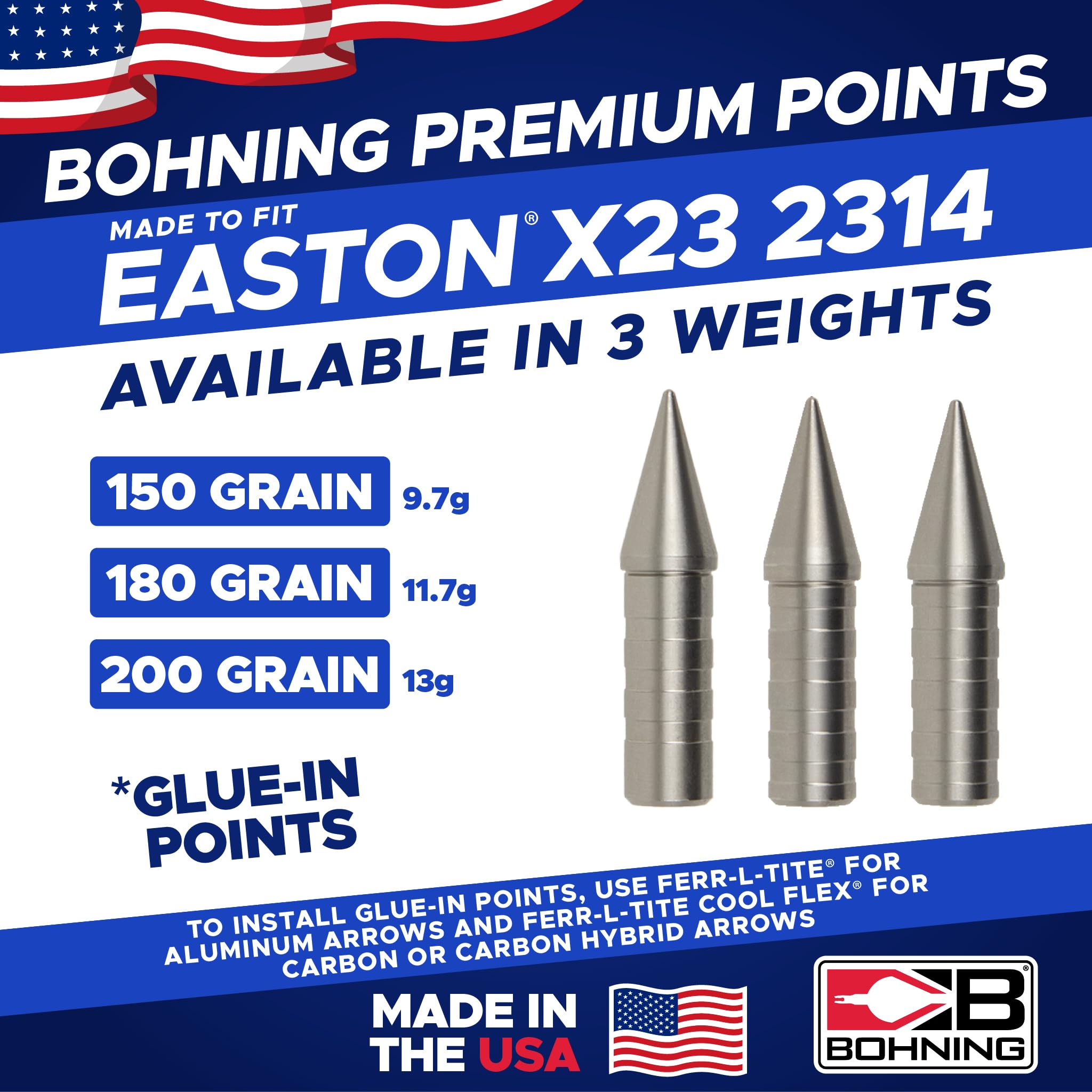 Bohning Match Grade Glue-in Points for Easton® X23-2314, 200 Grain, 12pk