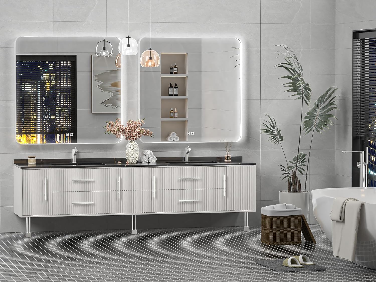 30" x 36" LED Bathroom Mirror with Lights, Rounded Rectangle Silver Frame Embedded Light Strip Design Vanity Mirror, 3 Colors & Stepless Dimmable, Anti-Fog, Horizontal/Vertical