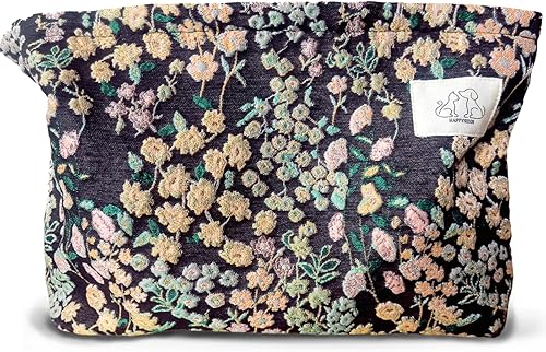 Bolsa de maquillaje estética, bolsa de viaje con cremallera, forro de lona, organizador de bolso, 001 Bordado-Teabreak Little Flowers, Bordado Floral