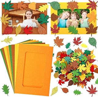 Ferraycle 232 Pcs Thanksgiving DIY Picture Frames Craft Kit Fall Felt Photo Frames with Leaves Pumpkin Harvest Crafts with Foam Stickers for Autumn Party Favor(Mix Color,Leaf)