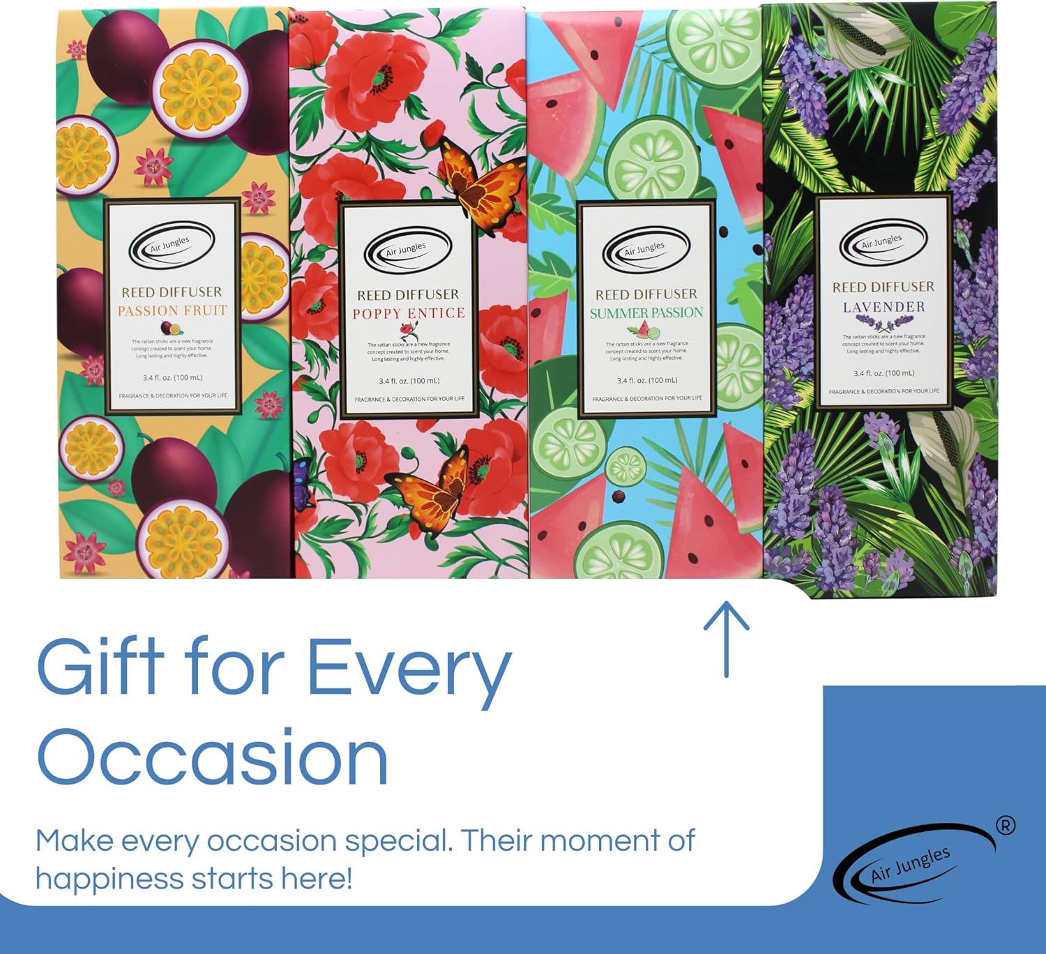 Air Jungles Poppy Entice Scent Reed Diffuser Set with Sticks 3.4 fl oz (Pack of 3), Long-Lasting Essential Oil Air Freshener for Bathroom, Office, Gym, and Bedroom Fragrance Freshener