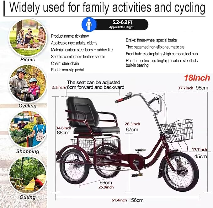 Triciclo para adultos con asiento grande y frenos 18" ruedas miniatura 8