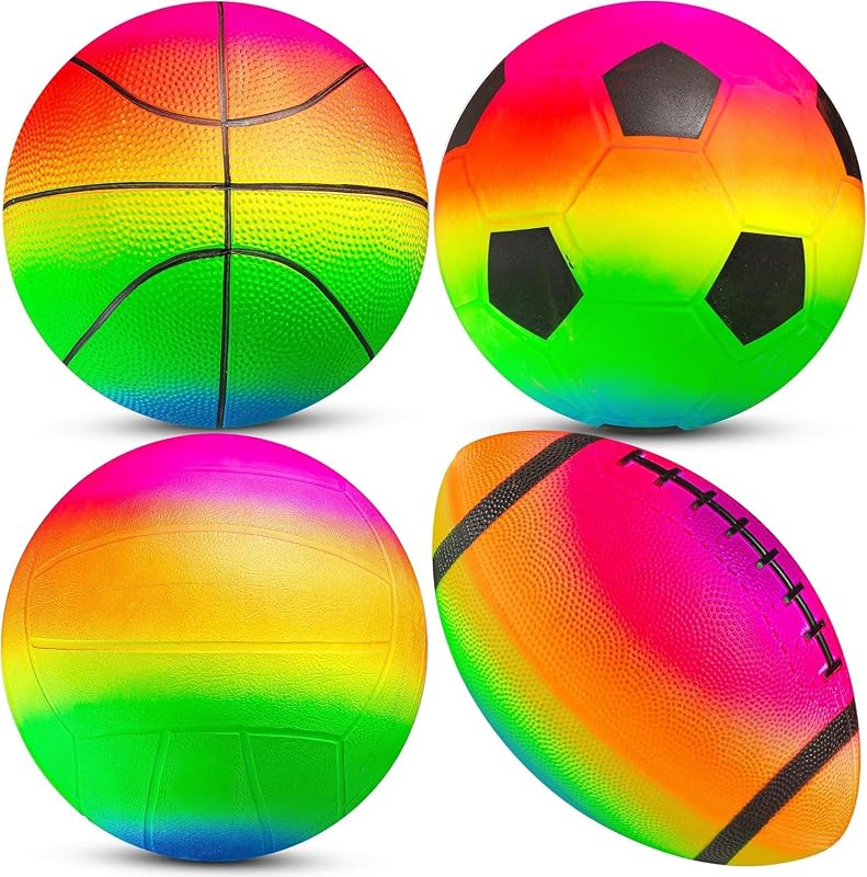 PlayBolt Juego de pelotas zapatillas (paquete de 4) – Mini pelotas de baloncesto, fútbol, ​​fútbol y patio de recreo arcoíris de 5 pulgadas con bomba de mano – Divertidos juguetes para interiores y exteriores para niños pequeños, preescolares y juegos tempranos