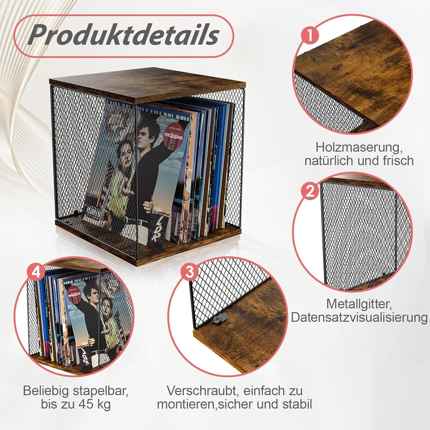 Caja de almacenamiento de 2 cubos de vinilo para manualidades, apilable de 12 pulgadas, para 80-110 discos, caja de almacenamiento de álbumes, madera natural, adecuada para dormitorio, sala