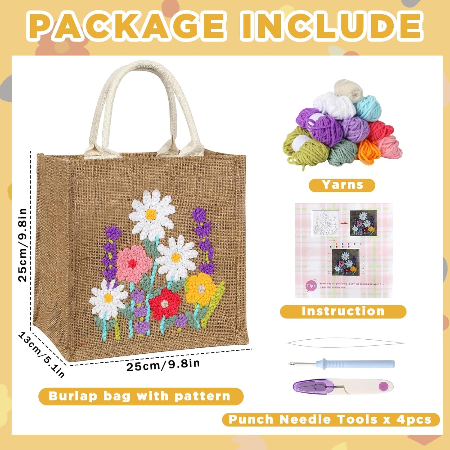Punch Needle Kits for Beginners Adults Complete Embroidery Tote Bag Set with Flower Pattern Punch Needle Tote Bag Set with Instruction Yarns Tools DIY Embroidery Starter Kit for Easy Craft Gifts