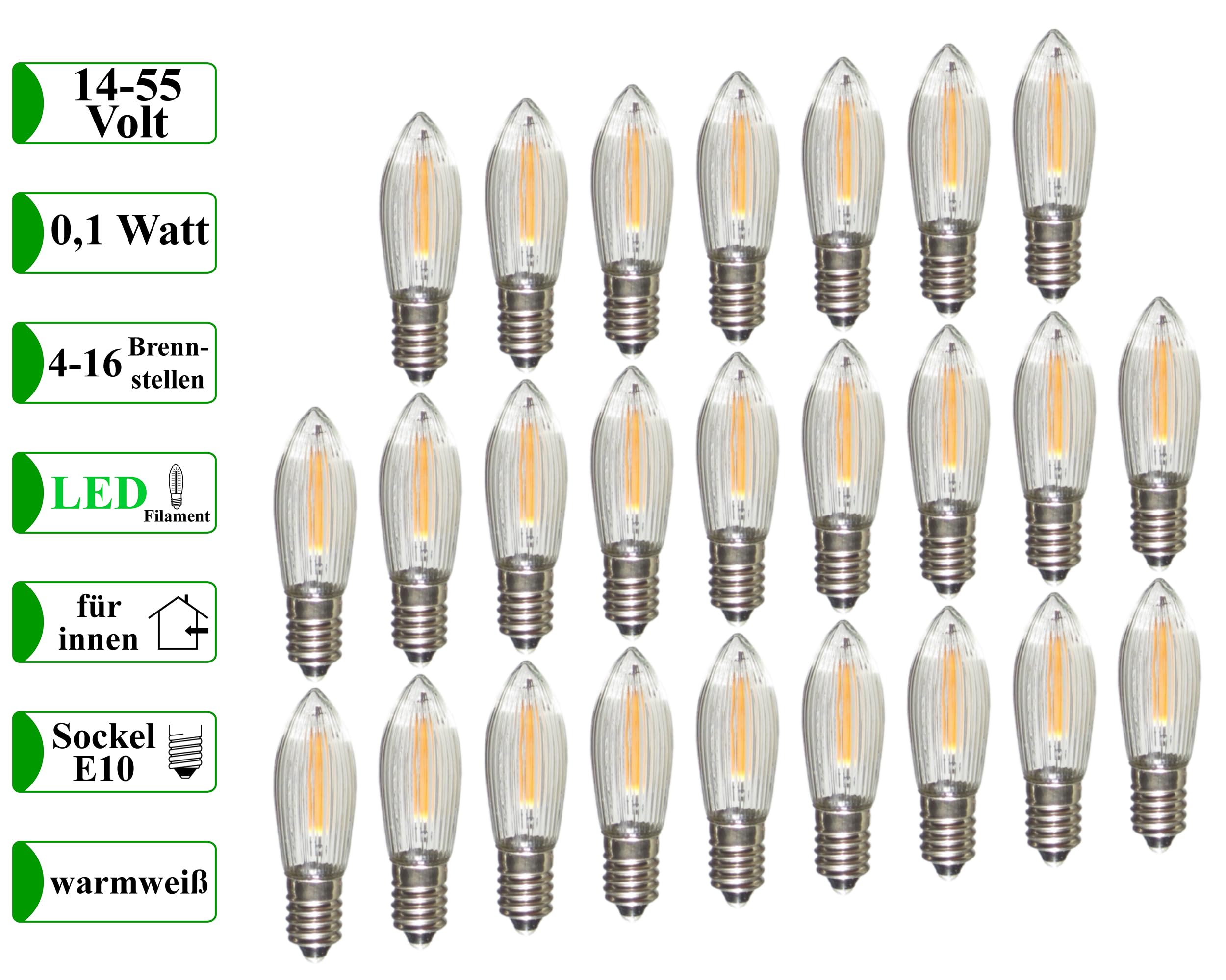 Erzgebirgslicht - AUSWAHL - 25 Stück LED Filament Topkerze 14-55 V 0,1 W für INNEN, für 4-16 Brennstellen E10 Riffelkerze Ersatzbirne Glühbirne Glühlämpchen für Lichterketten Pyramide Schwibbogen