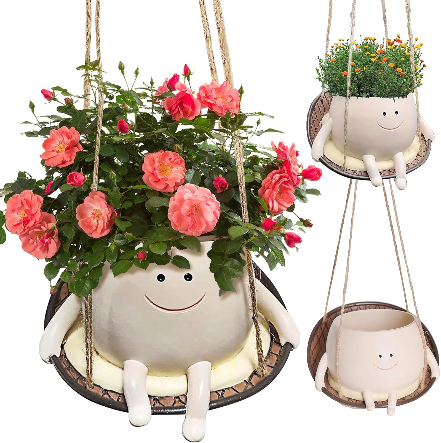 Smile Face Plant Pot Hanging Swing,Cute Head Swing Planter Pot for Indoor Outdoor Plants, Cute Swinging Plant Pot, Hanging Flower Pots, Face Planter Pot Head, Resin Succulent Planter…
